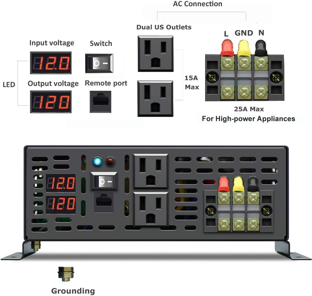 3000 Watt 12V DC Pure Sine Wave Power Inverter with Remote Control Switch E542