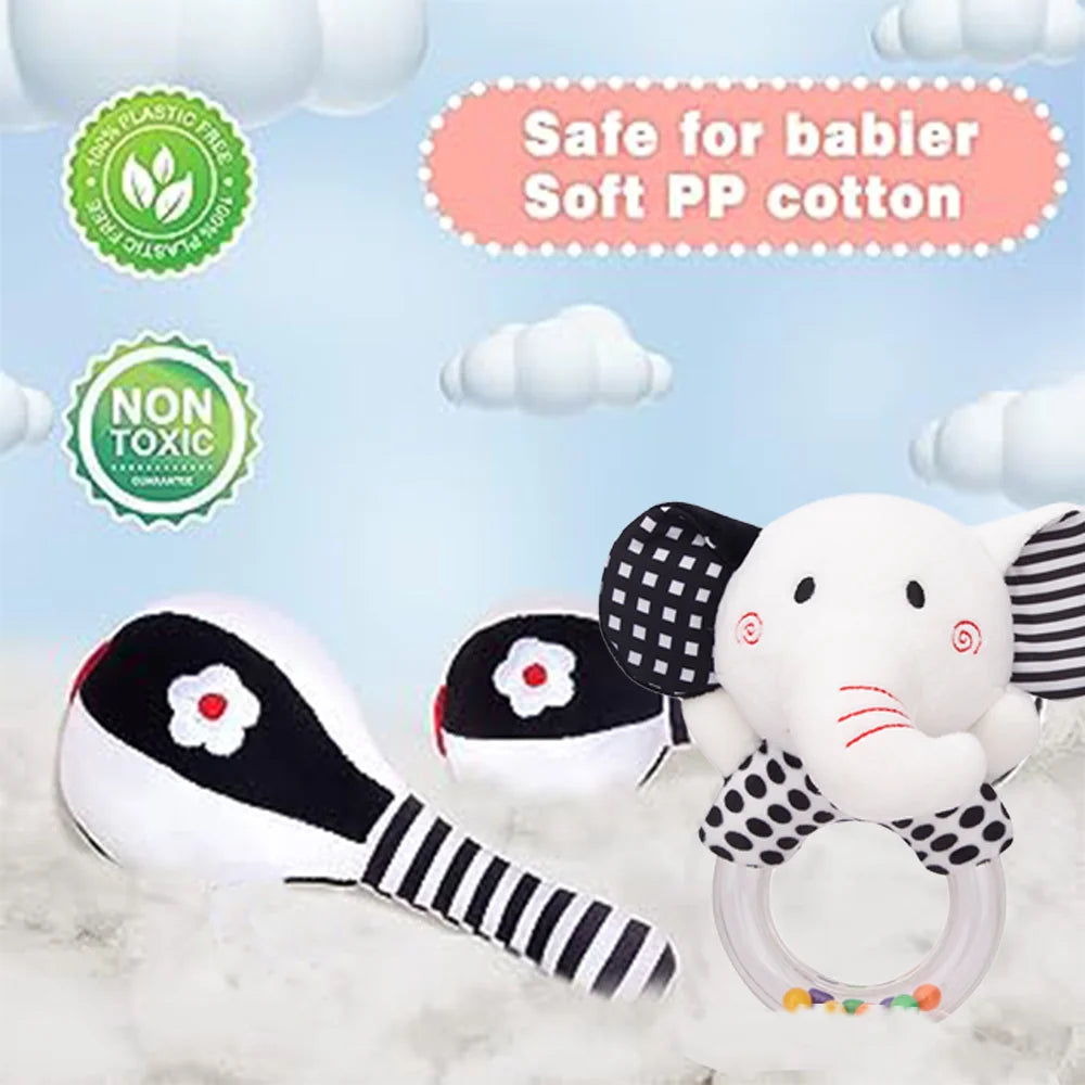 3PCS Soft Baby Rattles High Contrast Black and White Plush Rattle Toy W5504