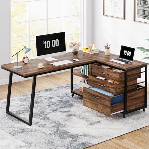 L-Shaped Desk with 3 Drawers and Shelves Y455947
