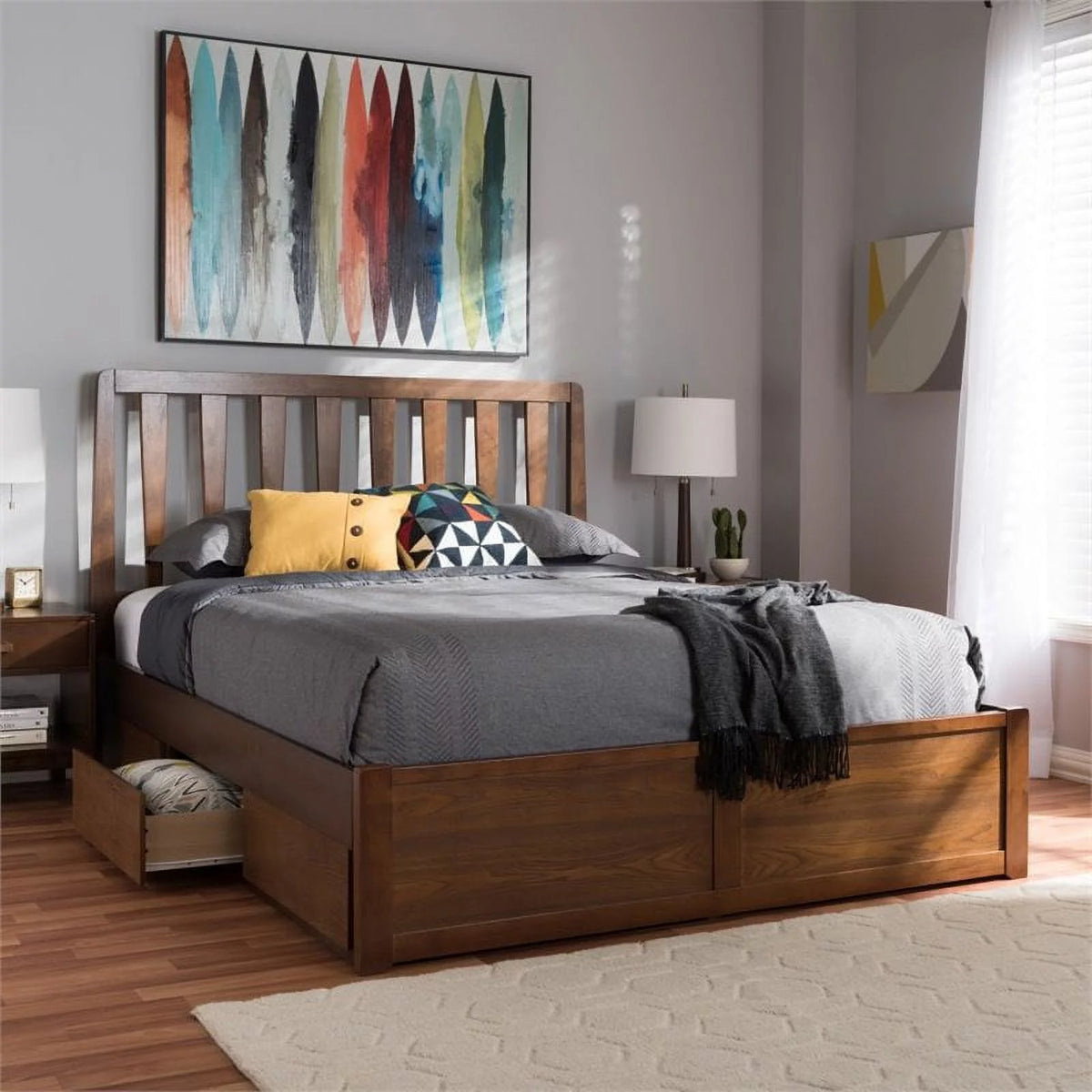 King Walnut Brown Wood Storage Platform Bed M4052