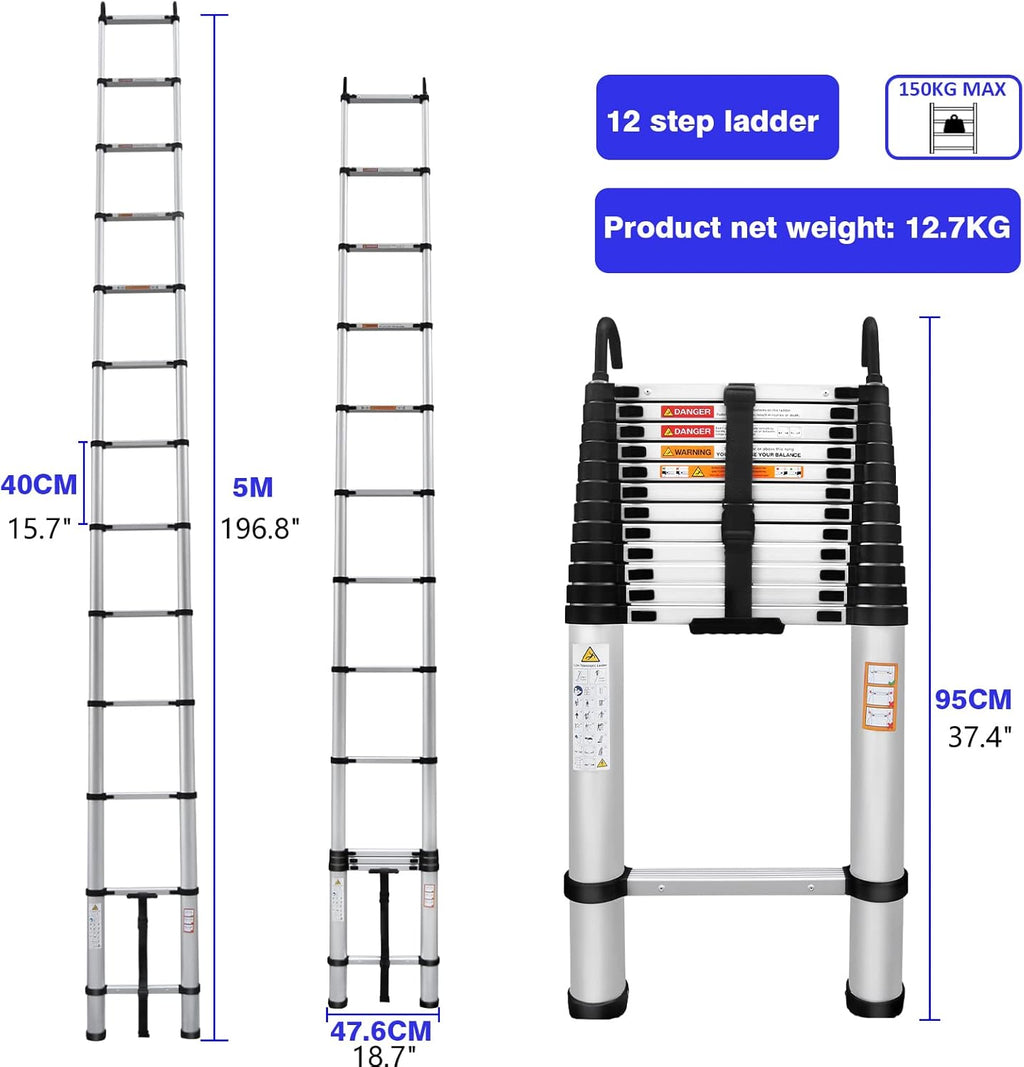 16FT Aluminum Telescoping Extension Ladder with Roof Hooks Z2286
