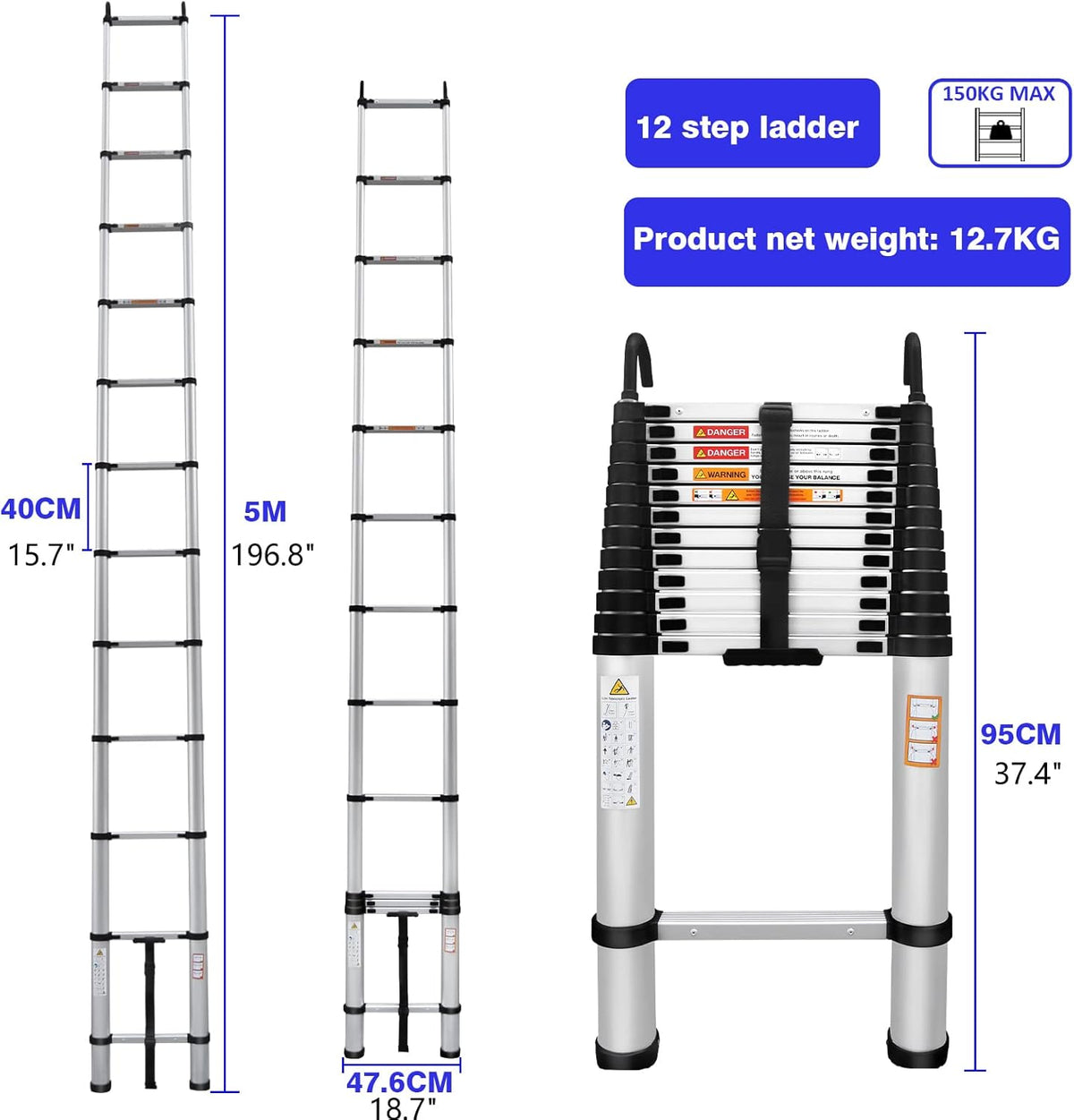 16FT Aluminum Telescoping Extension Ladder with Roof Hooks Z2286