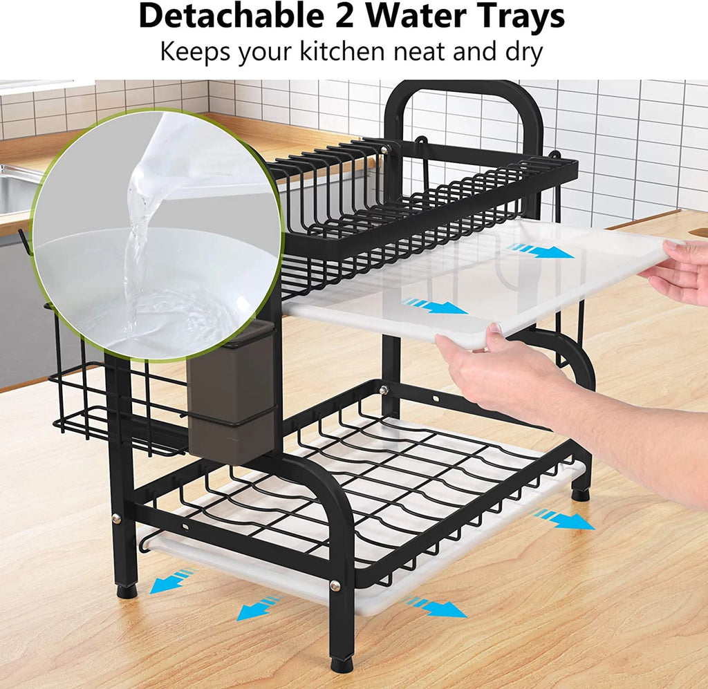 Adjustable 2-Tier Dish Drying Rack with Cutting Board Holder A39363