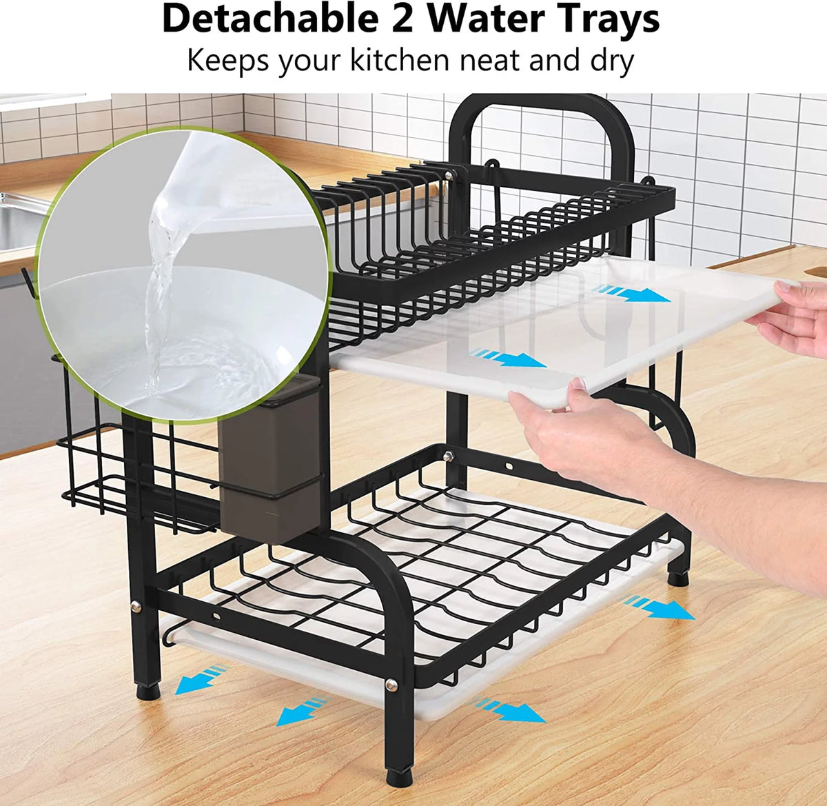 Adjustable 2-Tier Dish Drying Rack with Cutting Board Holder A39363