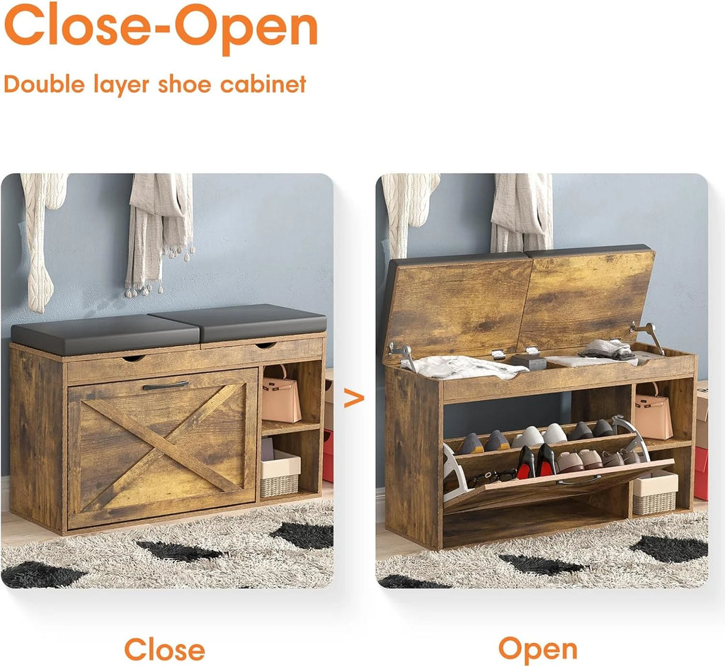 Rustic Brown Shoe Storage Bench with Flip Drawer N13474