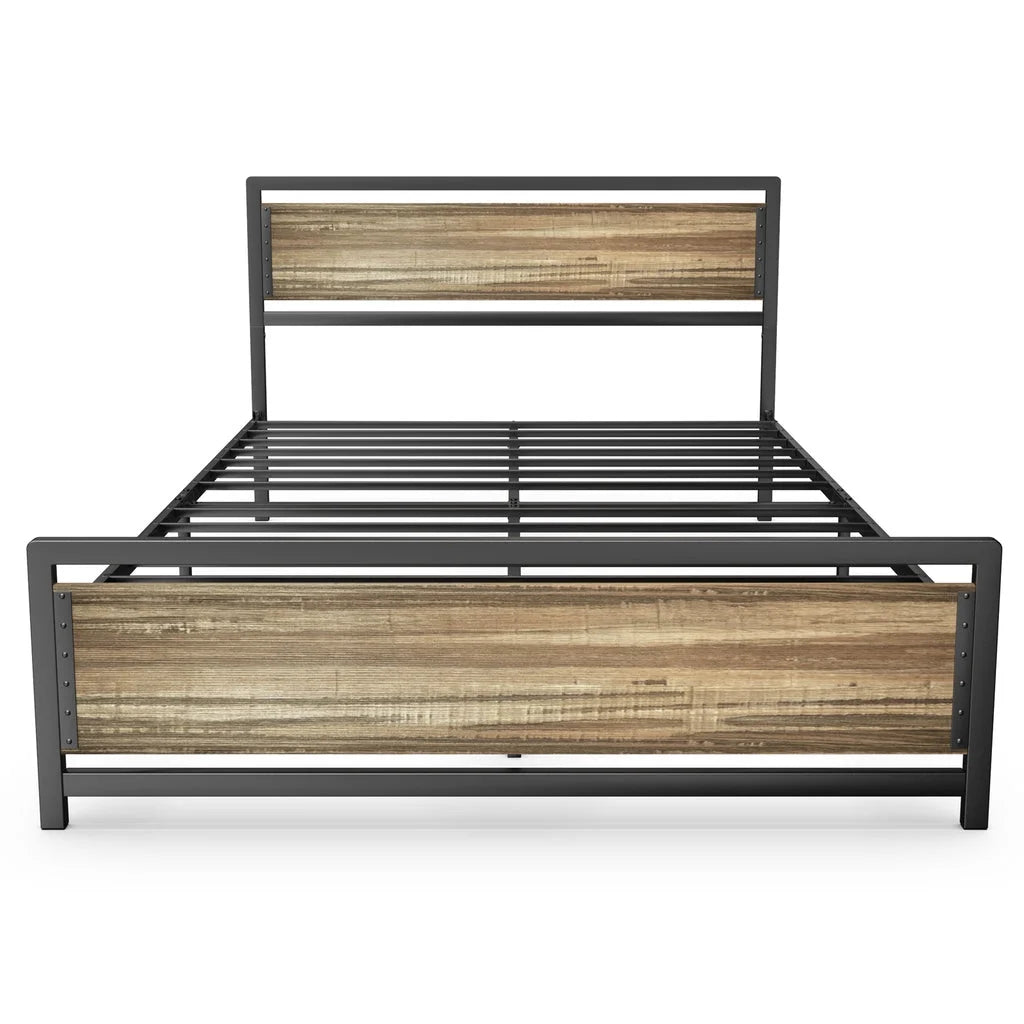 Queen Size Metal Platform Bed Frame with Wooden Headboard Footboard Brown X1432