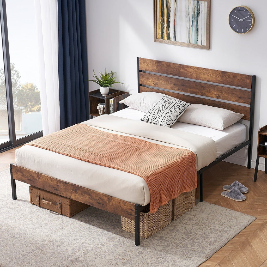 Rustic Brown Platform Bed Frame and Yellow Nightstands Set of 2 Y877400