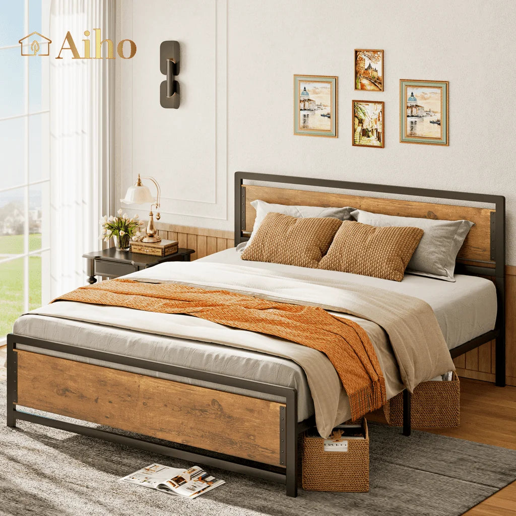 Queen Size Metal Platform Bed Frame with Wooden Headboard Footboard Brown X1432
