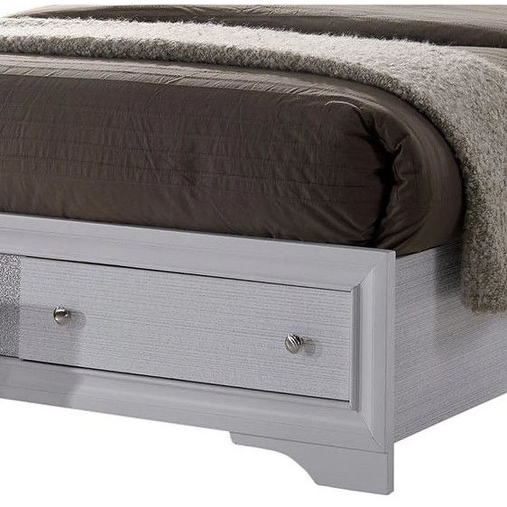 White Panel Design Eastern King Bed with Silver Accents N579