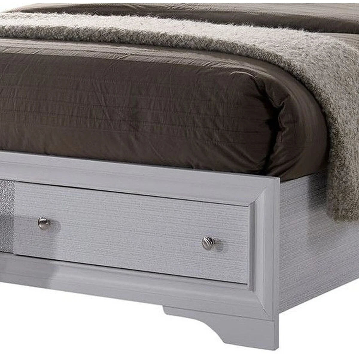 White Panel Design Eastern King Bed with Silver Accents N579