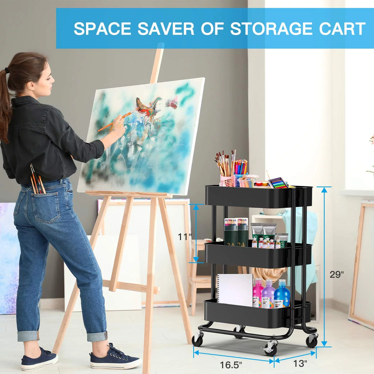 3-Tier Metal Rolling Utility Cart with 2 Lockable Wheels F923