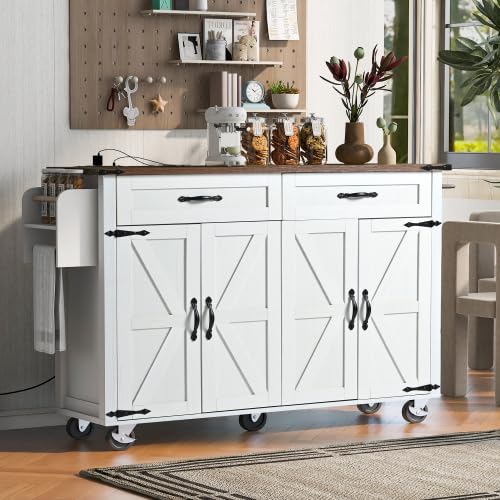 Black Kitchen Island with Storage Cabinet on Wheels, 53.5'' Mobile Kitchen Cart with Power Outlet, Drop Leaf, Spice Rack and Drawer V438