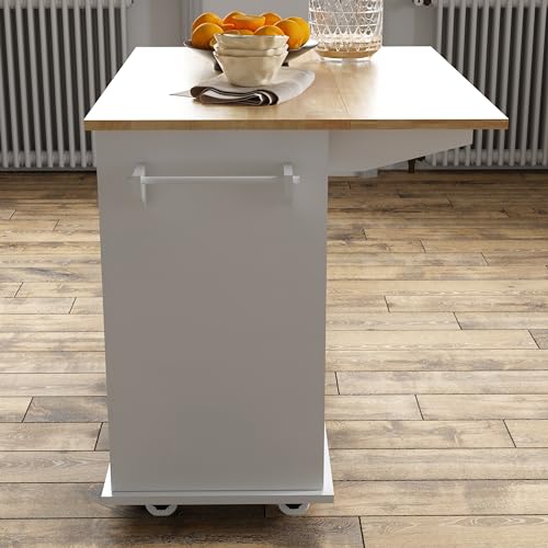 White Rolling Kitchen Island with Drop Leaf and Storage Cabinet D89623