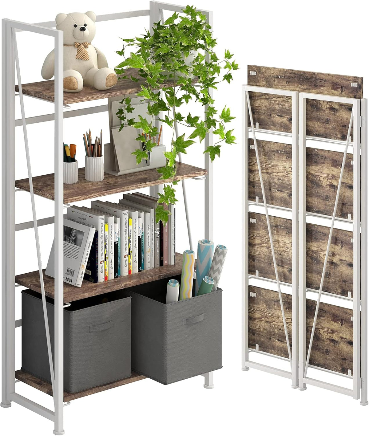 4 Tiers Folding Bookshelf Storage Shelves with 2 Drawers E645