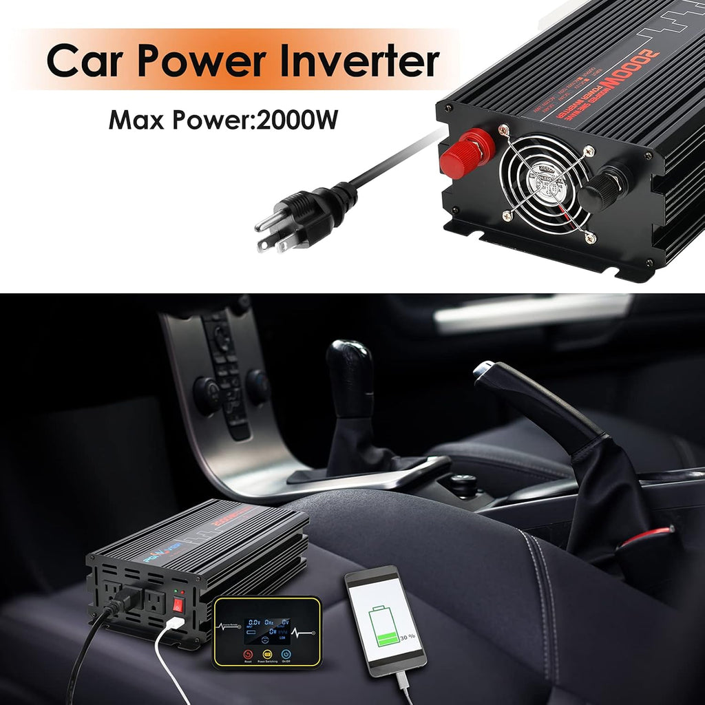 2000W Power Inverter DC 12V to AC 110V with Triple AC Outlets 1 USB Port D788
