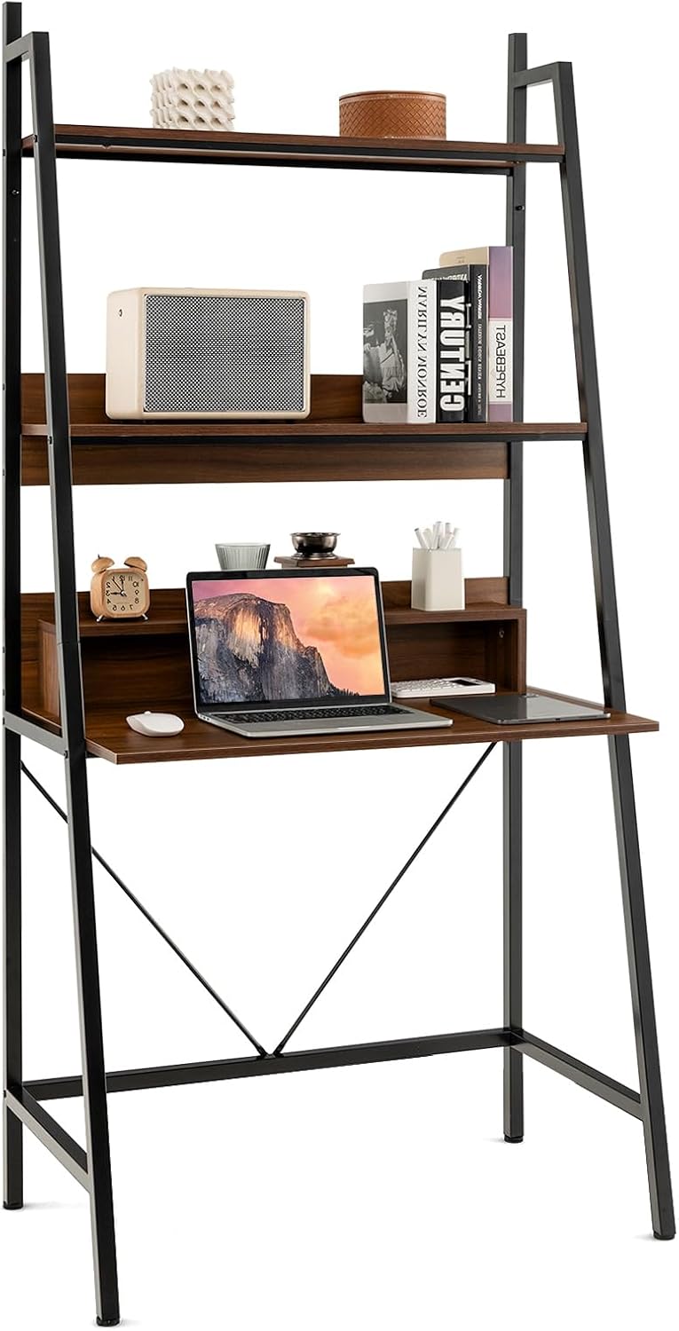 Brown Freestanding Ladder Desk with Open Shelves R840