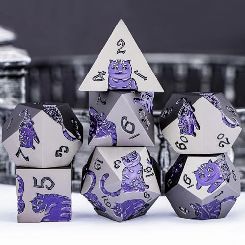 Metal DND Cat Dice 7PCS Polyhedral RPG Dice Set (Purple Yellow) V19777
