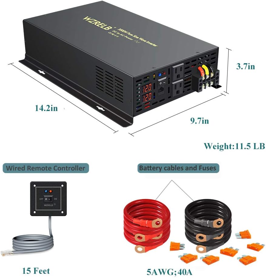3000 Watt 12V DC Pure Sine Wave Power Inverter with Remote Control Switch E542