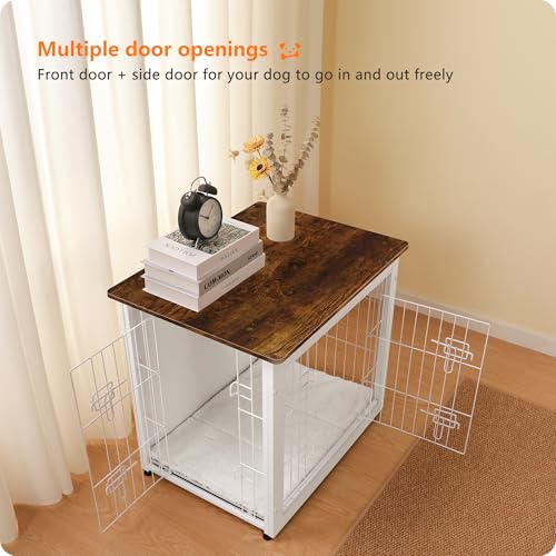 Dog Crate Furniture with Cushion, Wooden Kennel Table with Double Doors, Dark Gray I1682
