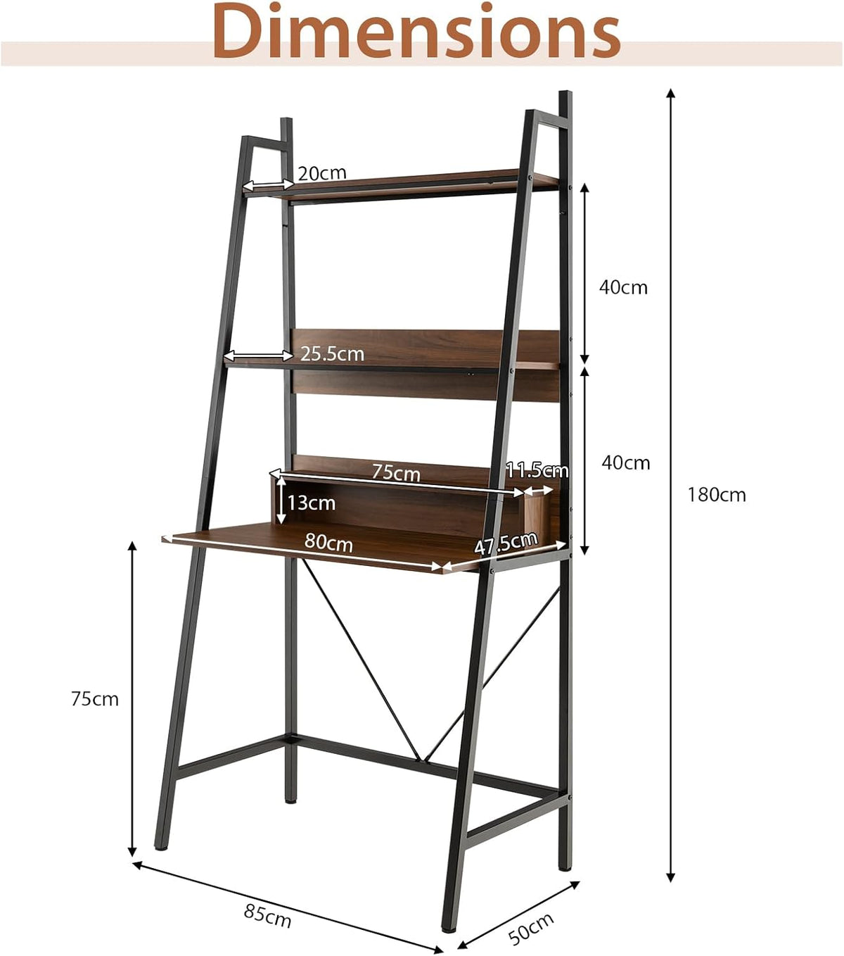 Brown Freestanding Ladder Desk with Open Shelves R840