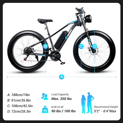 26" x 4.0 Fat Tire Electric Bike, 1000W Peak 1500W 48V 15.6Ah Lithium Battery, 35MPH, 21-Speed Z985409