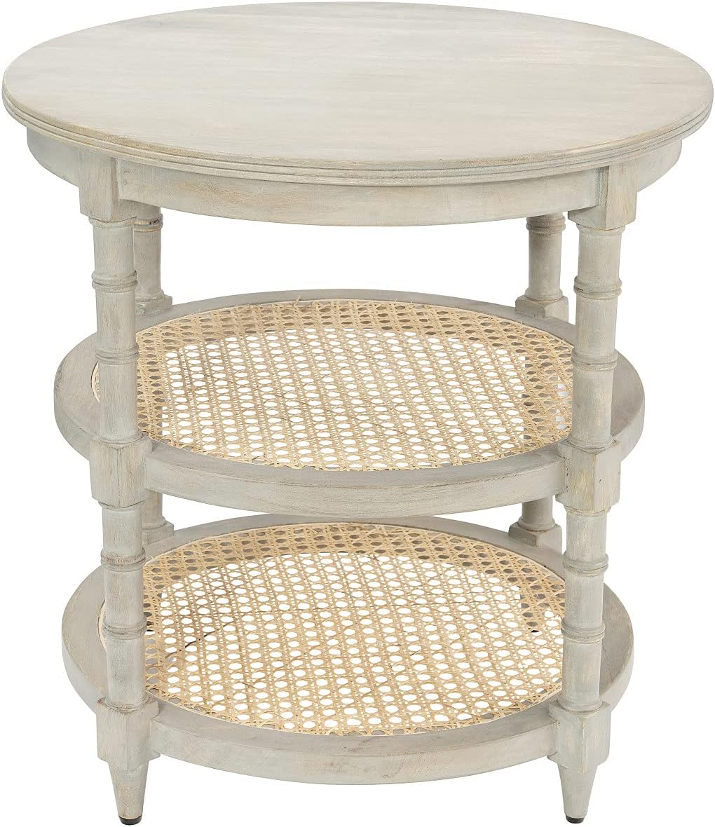 Round Mango Wood Table with Two Cane Shelves T2023