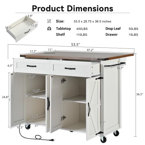 Black Kitchen Island with Storage Cabinet on Wheels, 53.5'' Mobile Kitchen Cart with Power Outlet, Drop Leaf, Spice Rack and Drawer V438