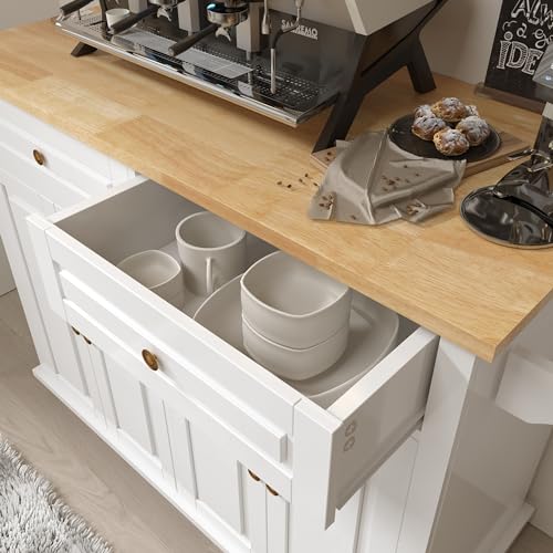 White Rolling Kitchen Island with Drop Leaf and Storage Cabinet D89623