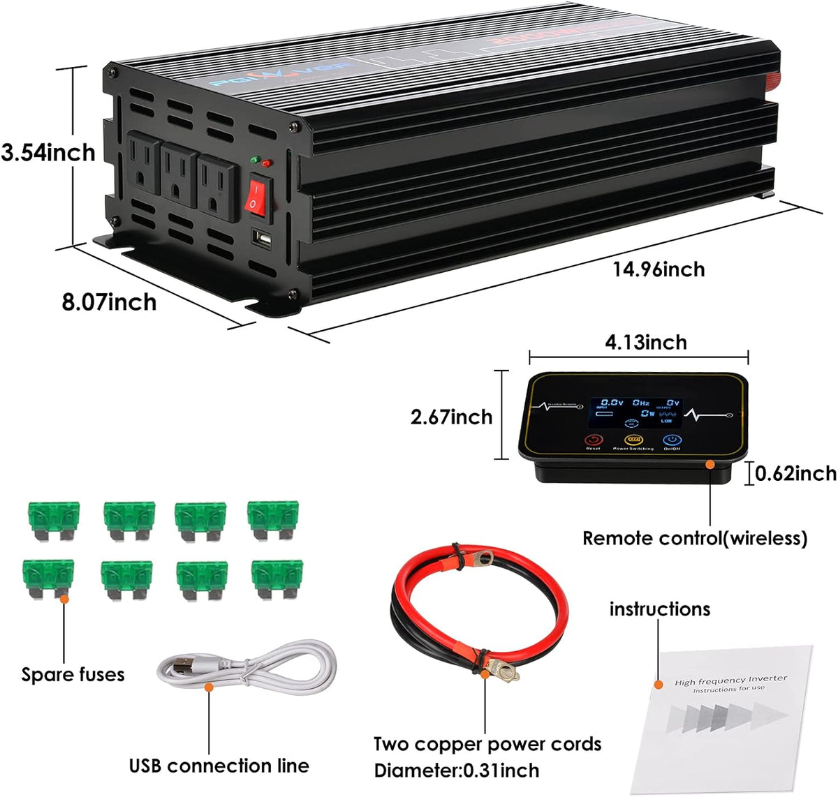 2000W Power Inverter DC 12V to AC 110V with Triple AC Outlets 1 USB Port D788