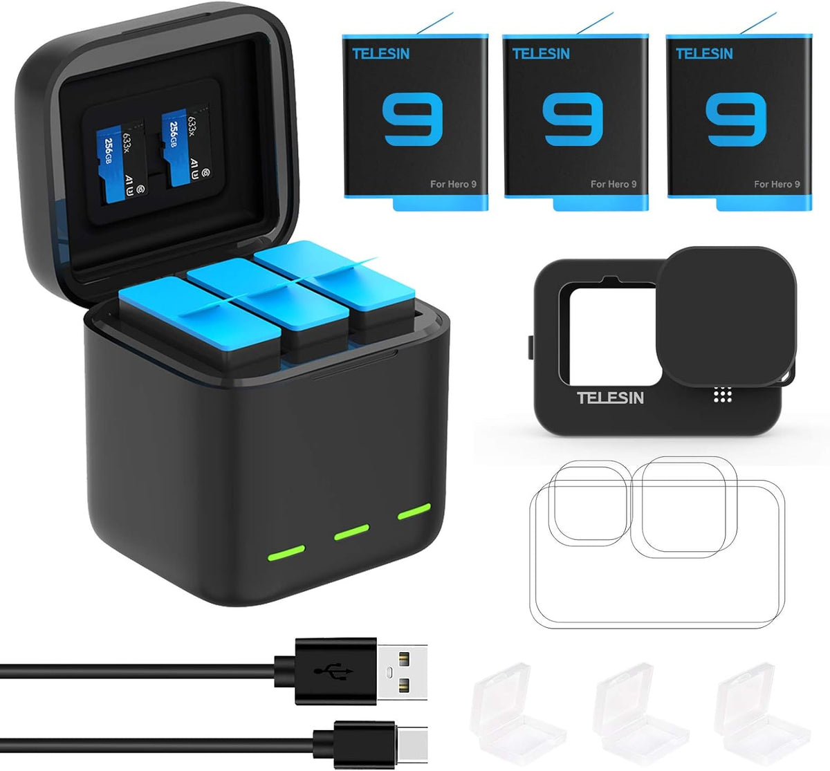 3-Pack Batteries and USB Quick Charger with Silicone Case Lens Screen Protector E472360