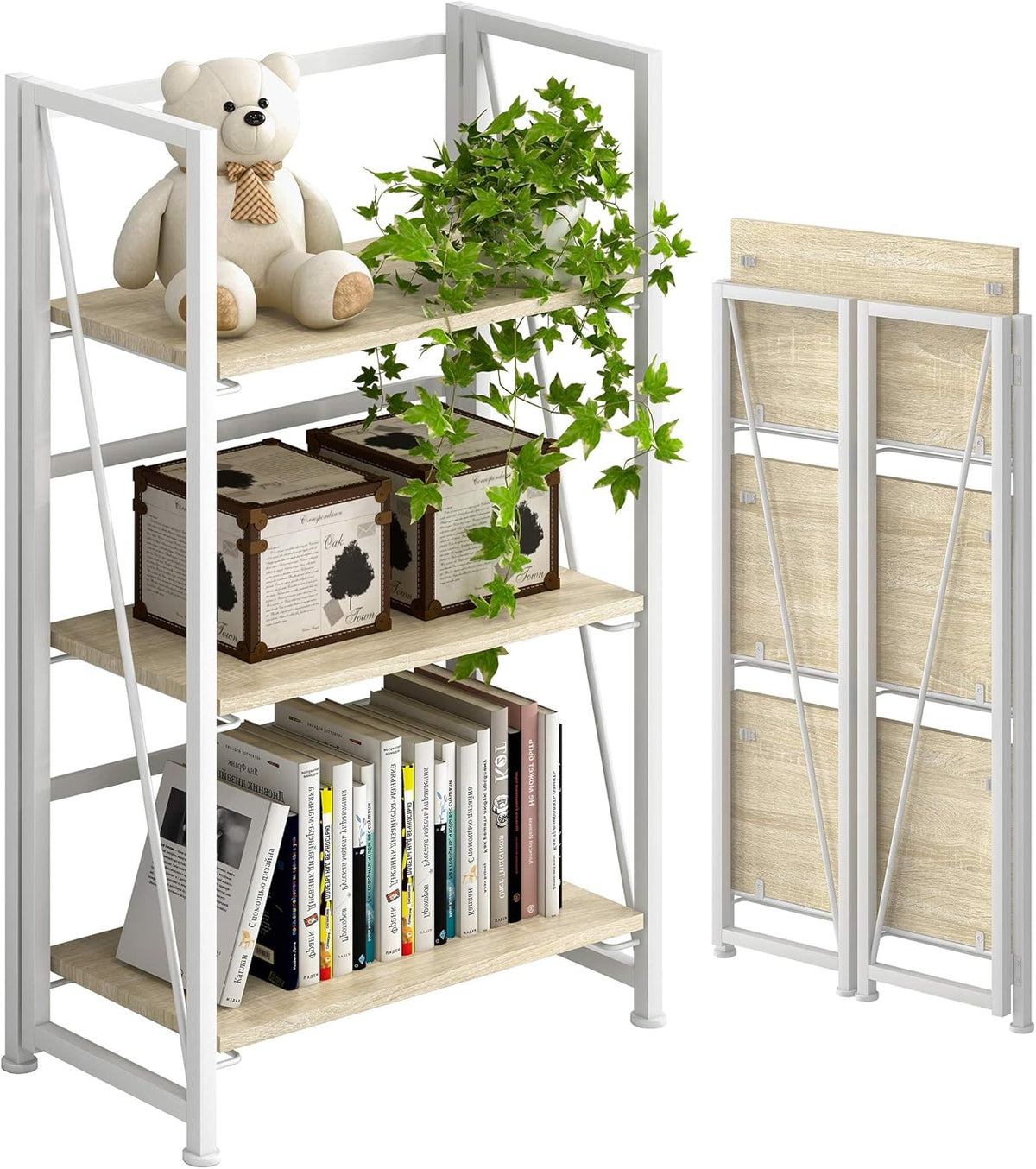 4 Tiers Folding Bookshelf Storage Shelves with 2 Drawers E645
