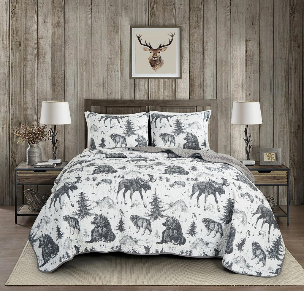 3-Piece King White Black Gray Microfiber Quilt Set D819