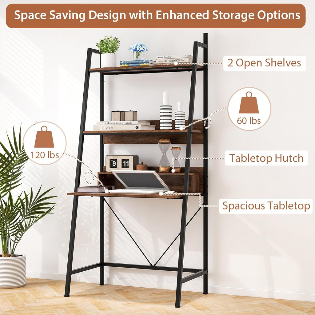 Brown Freestanding Ladder Desk with Open Shelves R840
