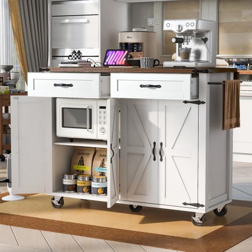 Black Kitchen Island with Storage Cabinet on Wheels, 53.5'' Mobile Kitchen Cart with Power Outlet, Drop Leaf, Spice Rack and Drawer V438