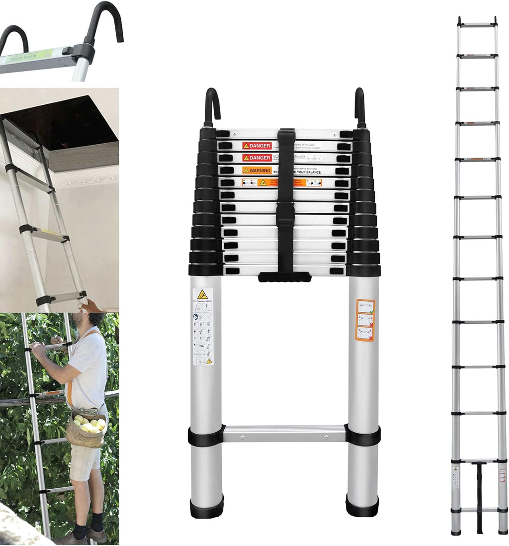 16FT Aluminum Telescoping Extension Ladder with Roof Hooks Z2286