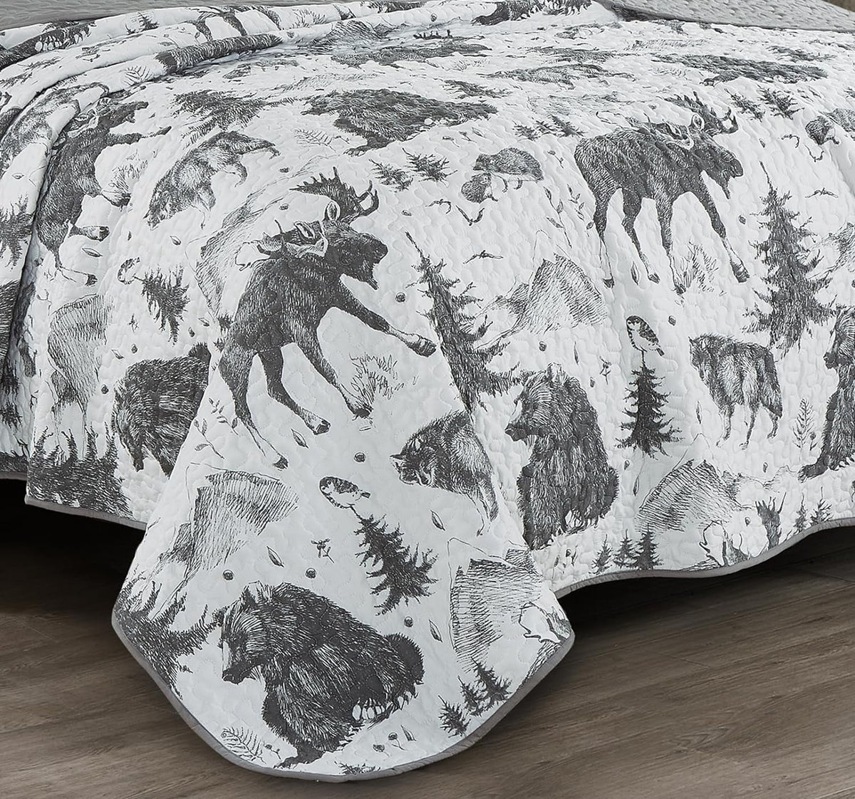 3-Piece King White Black Gray Microfiber Quilt Set D819