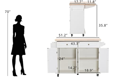 White Rolling Kitchen Island with Drop Leaf and Storage Cabinet D89623