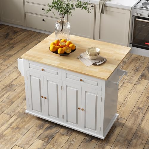 White Rolling Kitchen Island with Drop Leaf and Storage Cabinet D89623