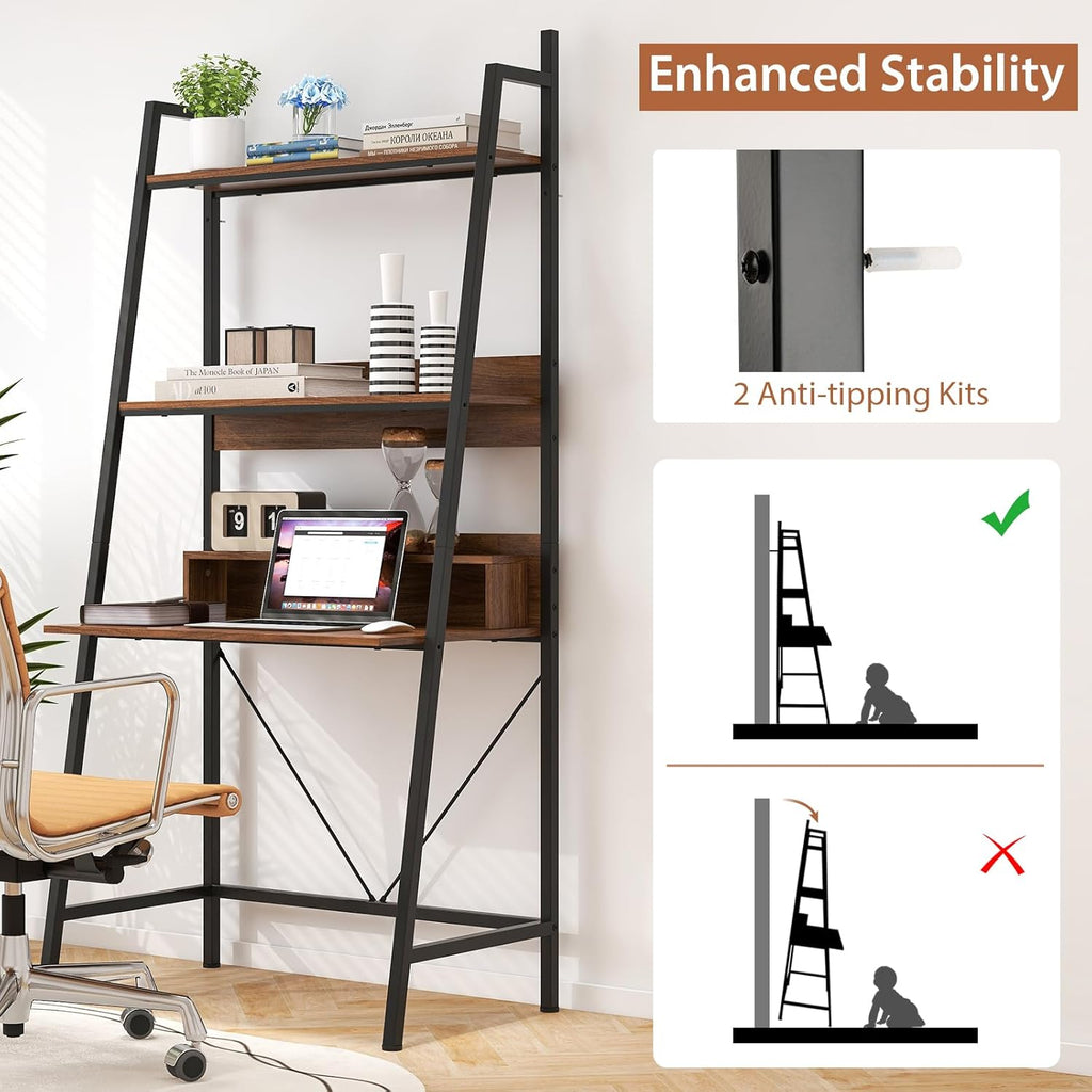 Brown Freestanding Ladder Desk with Open Shelves R840