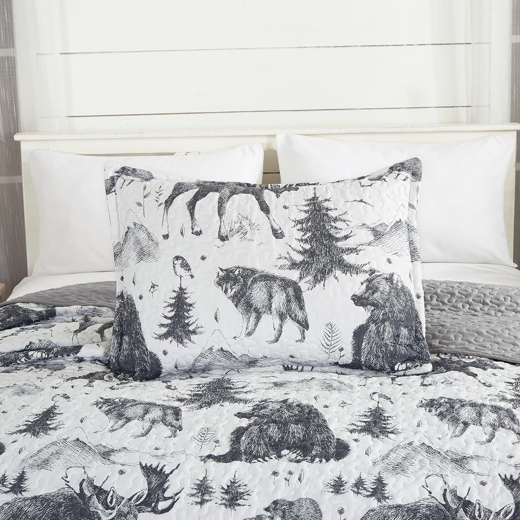 3-Piece King White Black Gray Microfiber Quilt Set D819