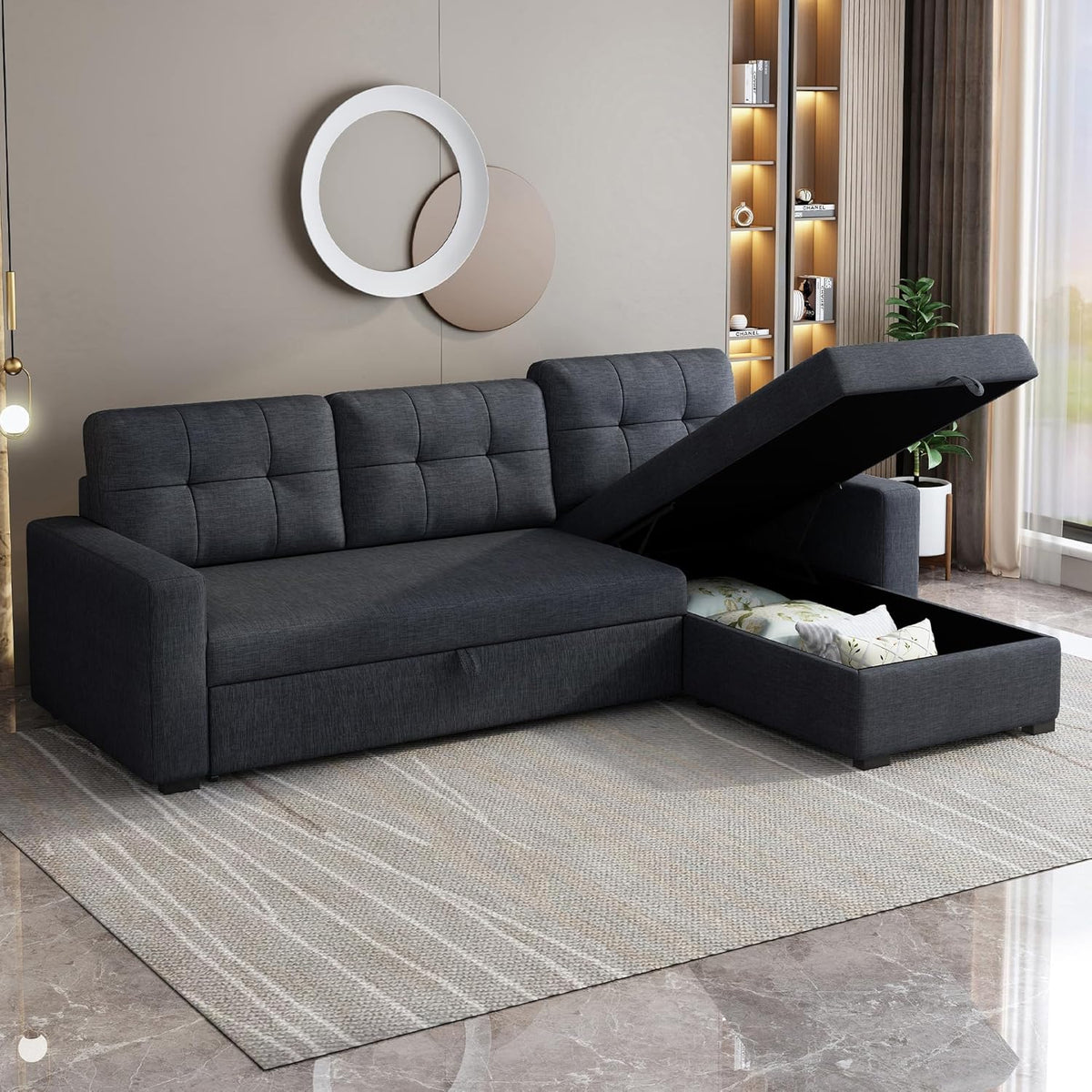 Dark Grey L Shaped Sleeper Sofa with Pull Out Bed and Storage R83659
