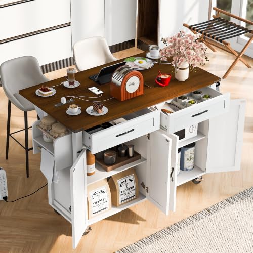 Black Kitchen Island with Storage Cabinet on Wheels, 53.5'' Mobile Kitchen Cart with Power Outlet, Drop Leaf, Spice Rack and Drawer V438