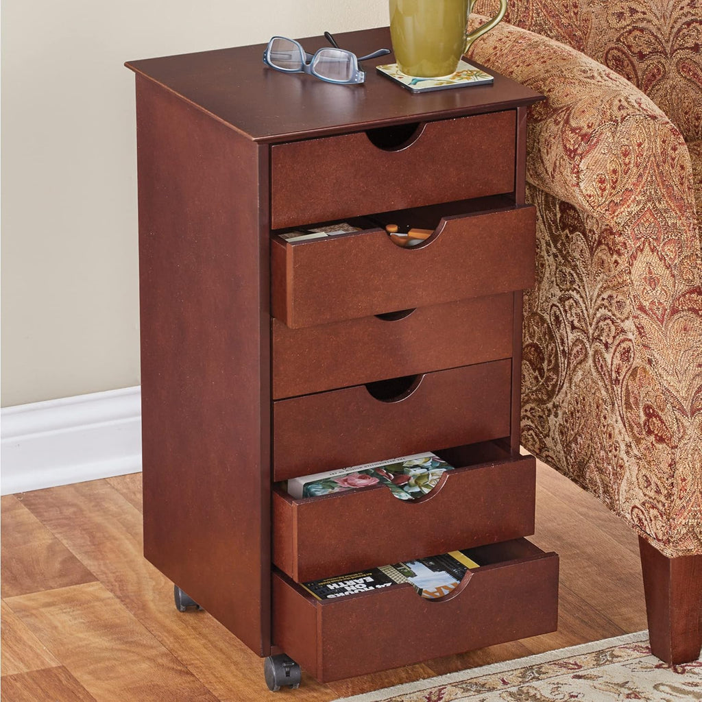 Dark Brown 6 Drawer Wooden End Table Cabinet with Wheels O395658