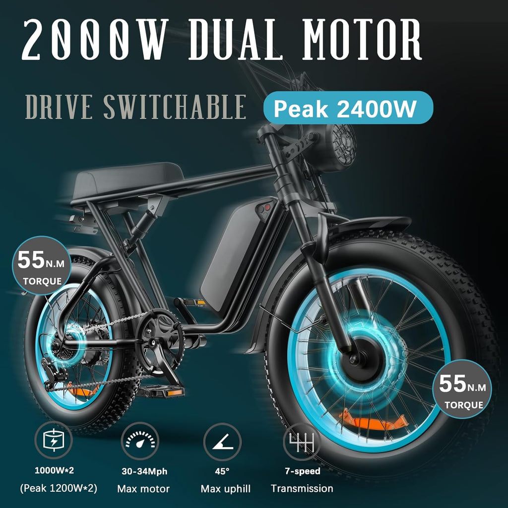 Blue 20" Fat Tire Dual Motor Electric Bike with Full Suspension & Hydraulic Disc Brake B3580