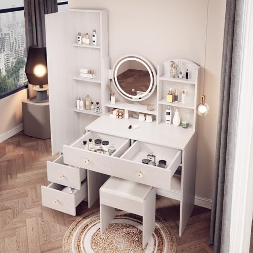 White Oak Makeup Vanity Set with Mirror and Stool I922310