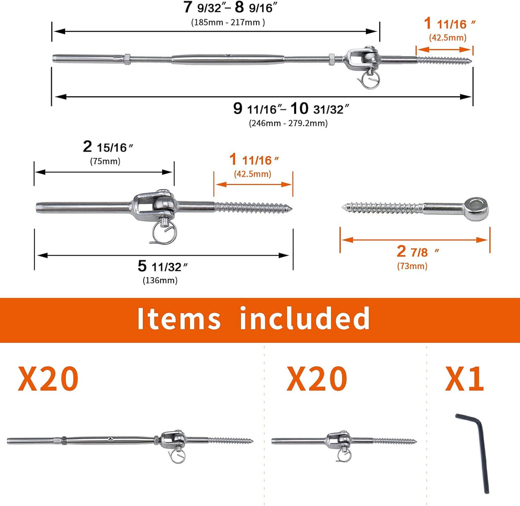20 Set Cable Railing Kit 1/8 T316 Stainless Steel Turnbuckle Hardware W605825