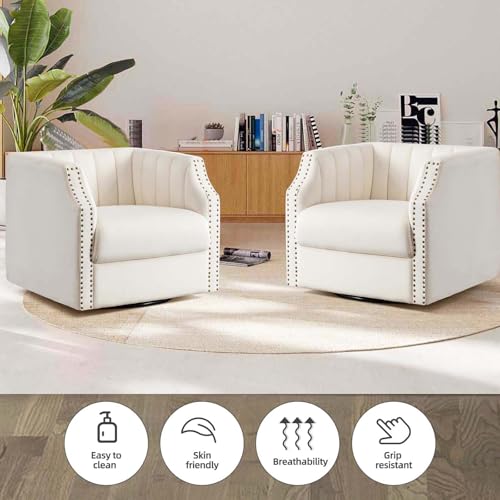 Swivel Barrel Chair Set of 2 Upholstered with Brass Rivets O8139