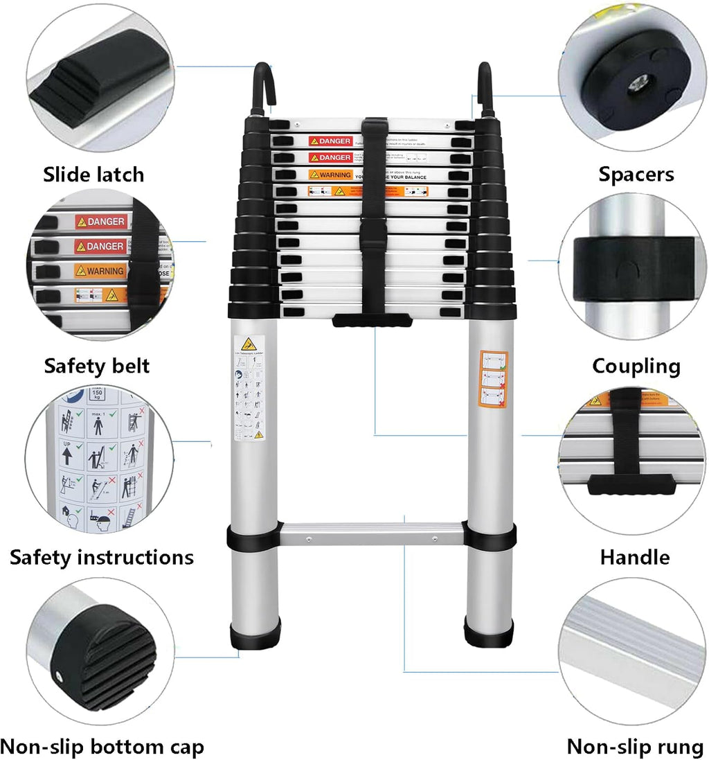 16FT Aluminum Telescoping Extension Ladder with Roof Hooks Z2286