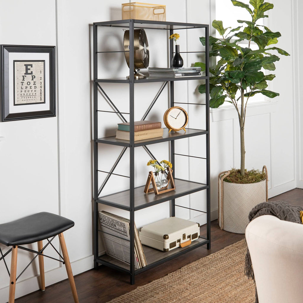30x22 Five Shelf Laminate Wood and Metal Utility Shelf Dark Walnut Q4082