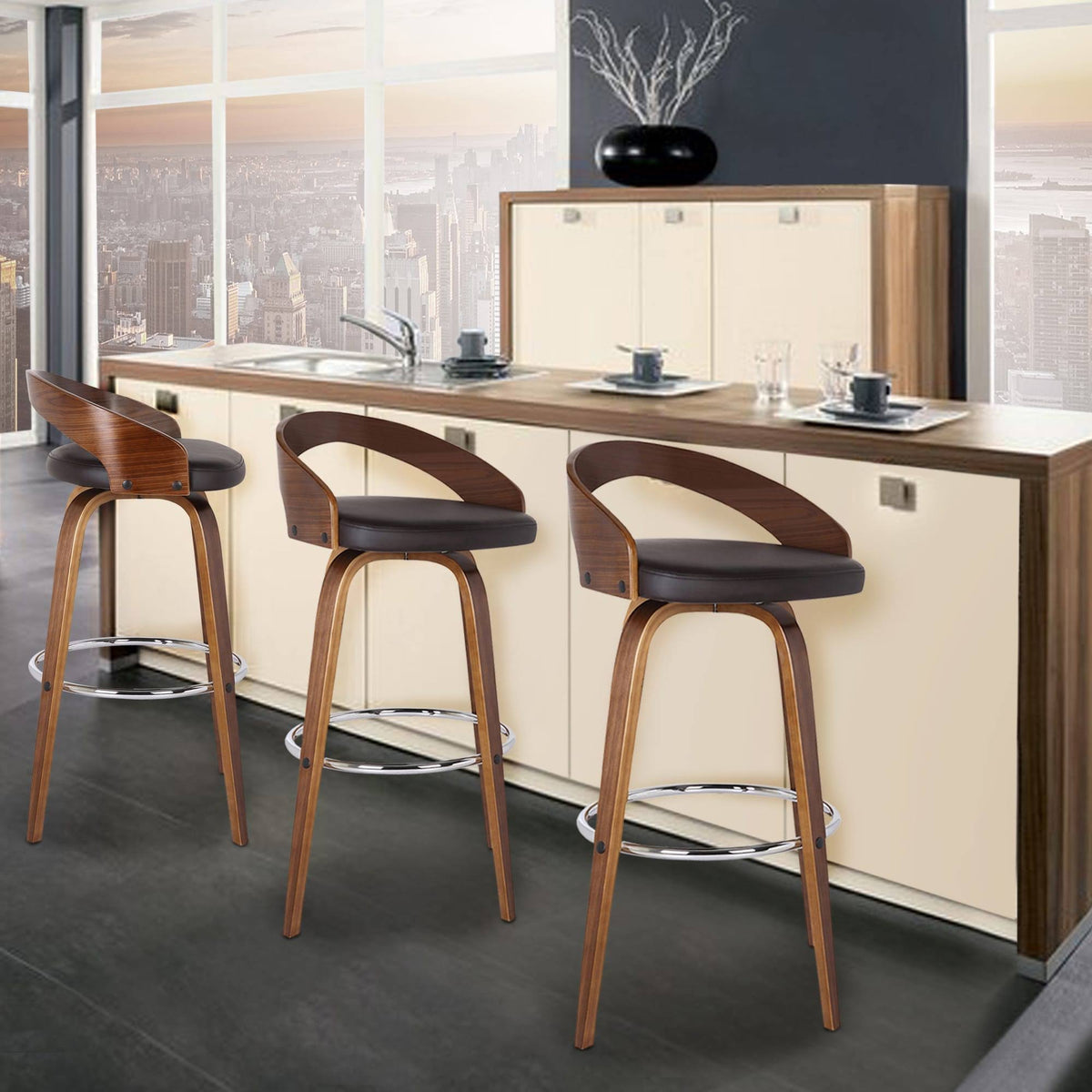 Walnut Upholstered Wood Bar Stool - Brown - Counter Height H2977